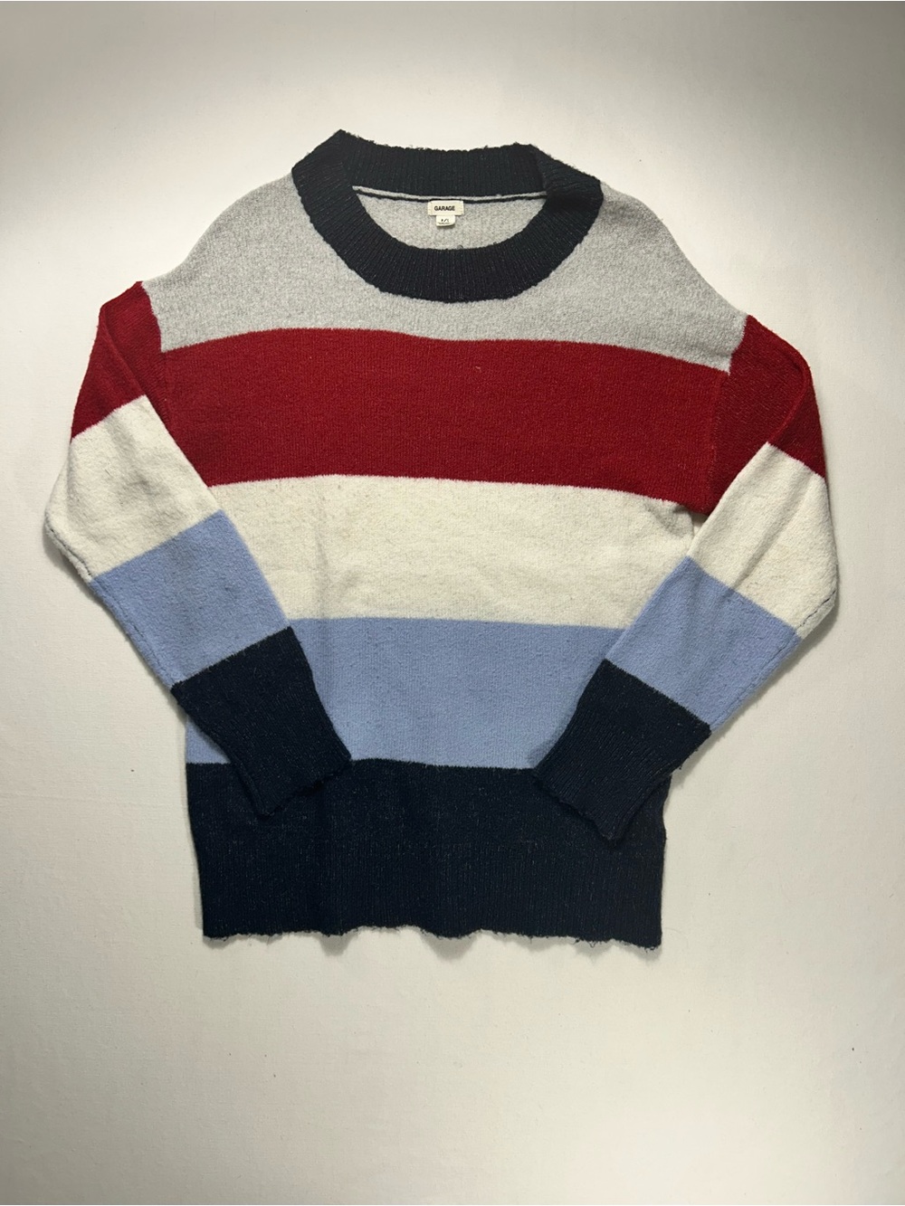Garage Striped Crewneck Sweater in Red, Navy & Light Blue - Women's Small